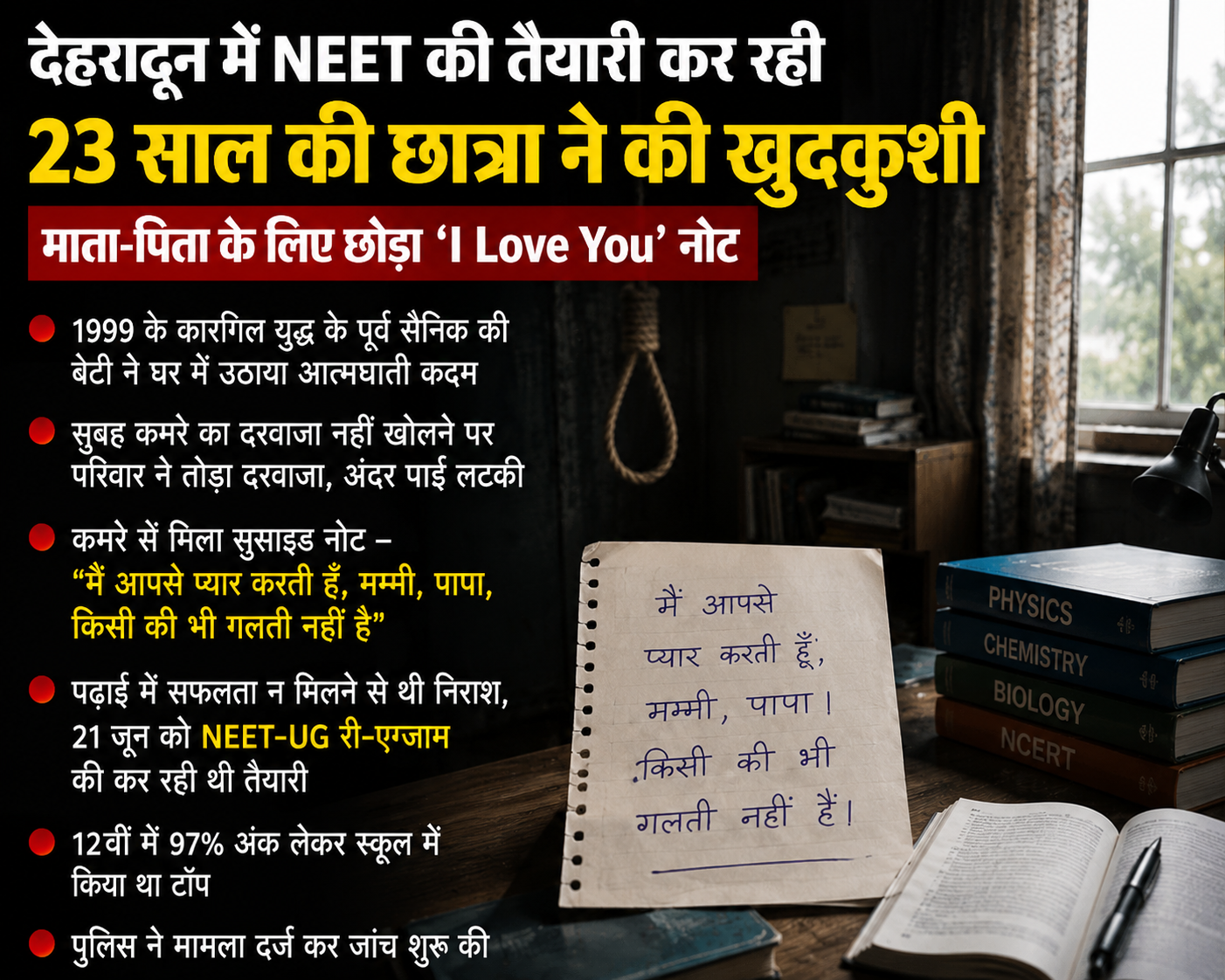 12ਵੀਂ ਜਮਾਤ ਵਿੱਚ 97 ਫੀਸਦੀ ਅੰਕ ਹਾਸਲ ਕਰਕੇ, ਦੁਬਾਰਾ NEET-UG ਪ੍ਰੀਖਿਆ ਦੀ ਤਿਆਰੀ ਕਰ ਰਹੀ ਕੁੜੀ ਦੀ ਮੌਤ